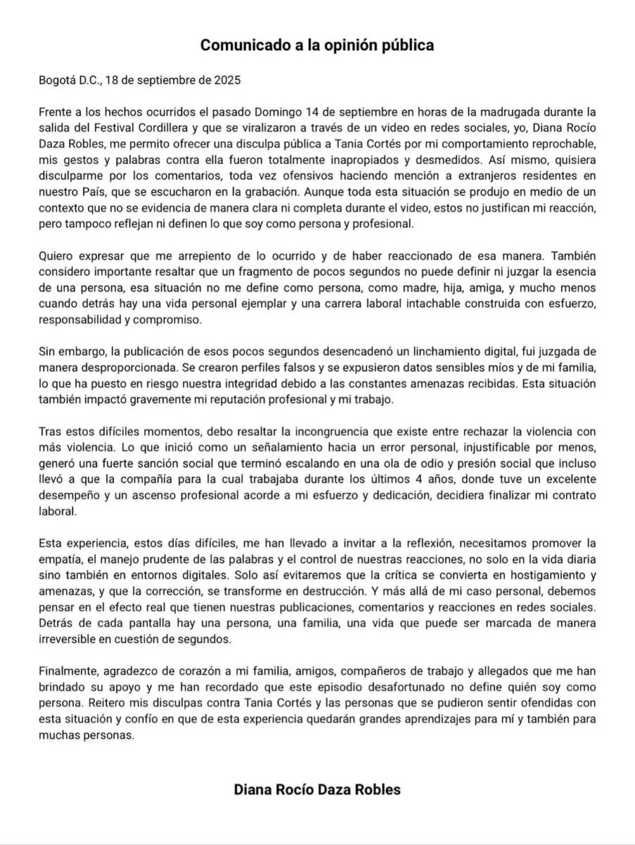 “Esa situación no me define como persona”: mujer señalada de agresión en Festival Cordillera 2 “Esa situación no me define como persona”: mujer señalada de agresión en Festival Cordillera Diana Rocío Daza, la mujer señalada de insultar y agredir a Tania Cortés en el Festival Cordillera, reapareció para ofrecer disculpas públicas.
