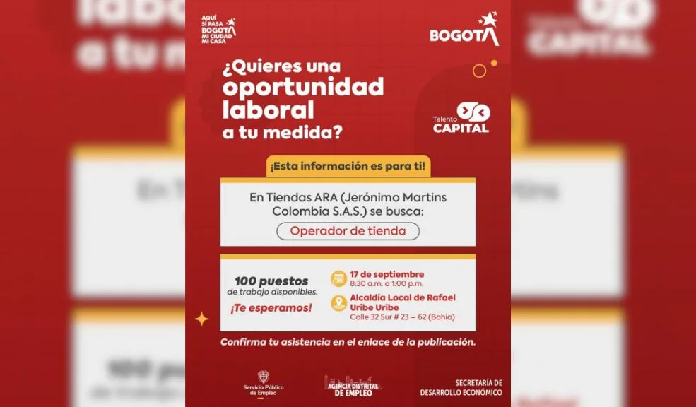Feria de Empleo en Rafael Uribe: 100 vacantes disponibles 2 Feria de Empleo en Rafael Uribe: 100 vacantes disponibles Si está buscando camello, póngale cuidado a esta oportunidad. Este miércoles 17 de septiembre llega a la Localidad de Rafael Uribe una Feria de Empleo que oferta 100 vacantes para ser operario de tienda.