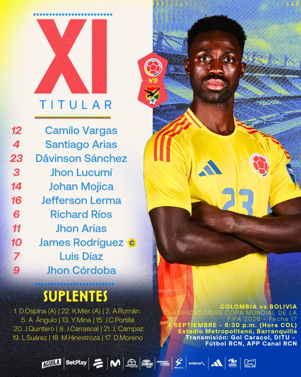 Esta es la nómina con la que Colombia buscará clasificar al Mundial de 2026 1 Esta es la nómina con la que Colombia buscará clasificar al Mundial de 2026 El técnico de la Selección Colombia, Néstor Lorenzo, confirmó la nómina para enfrentar a Bolivia esta tarde y sellar la clasificación al Mundial de 2026.
