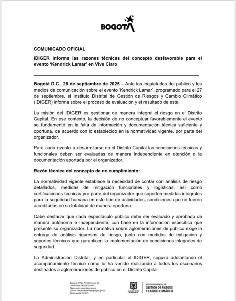 IDIGER explicó la cancelación del concierto de Kendrick Lamar