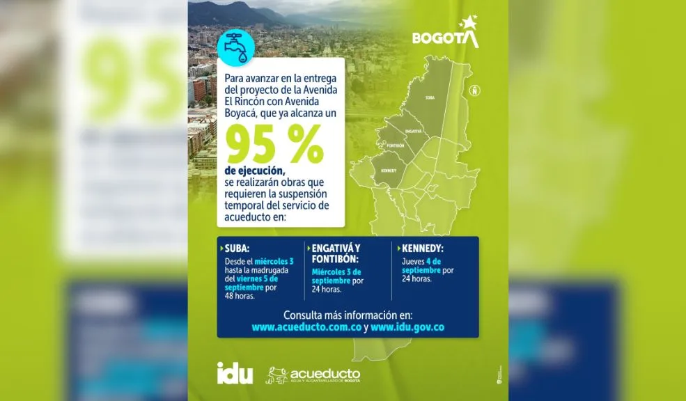 Póngase las pilas, no vaya a ser que lo dejen sin agua 3 Póngase las pilas, no vaya a ser que lo dejen sin agua Prográmese para los cortes de agua que realizará el Acueducto de Bogotá en los primeros días del mes, debido a trabajos de mantenimiento y reparación en la red de suministro de distintos barrios y localidades de la ciudad.