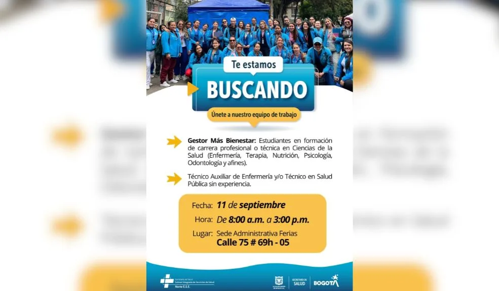 ¡200 vacantes en salud! No deje pasar esta chance para trabajar en Bogotá Este jueves 11 de septiembre se llevará a cabo una Feria de Empleo en el sector salud, con 200 vacantes disponibles. Te contamos cómo participar de esta jornada.