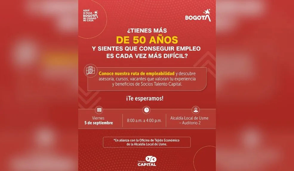 ¡Sí hay camello! Bogotá abre vacantes para mayores de 50 2 ¡Sí hay camello! Bogotá abre vacantes para mayores de 50 Para el mes de septiembre, la Secretaría de Desarrollo abrió una nueva convocatoria de empleo para personas mayores de 50 años, en localidades de Engativá, Usme y Rafael Uribe. Le contamos lo que debe hacer para que participe.