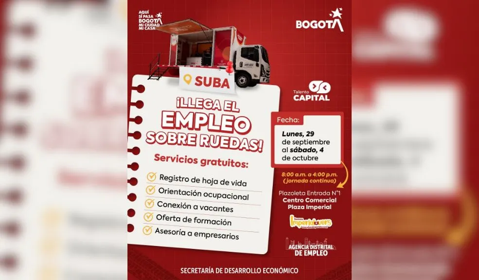 Bogotá: abre más de 600 vacantes disponibles en Suba hasta el 4 de octubre Trabajo sí hay en Bogotá: más de 600 vacantes en Suba hasta el 4 de octubre. No piden experiencia y la contratación puede ser inmediata. ¡La oportunidad que muchos esperaban llegó!