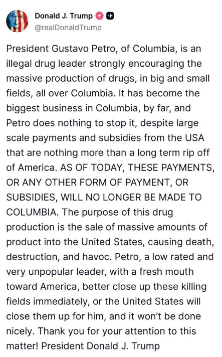 Tensión entre EE. UU. y Colombia: Trump calificó de "líder del narcotráfico" a Gustavo Petro La relación diplomática entre Colombia y Estados Unidos atraviesa un momento de alta tensión tras las recientes declaraciones del presidente Donald Trump, quien calificó a su homólogo colombiano, Gustavo Petro, como "líder del narcotráfico ilegal".