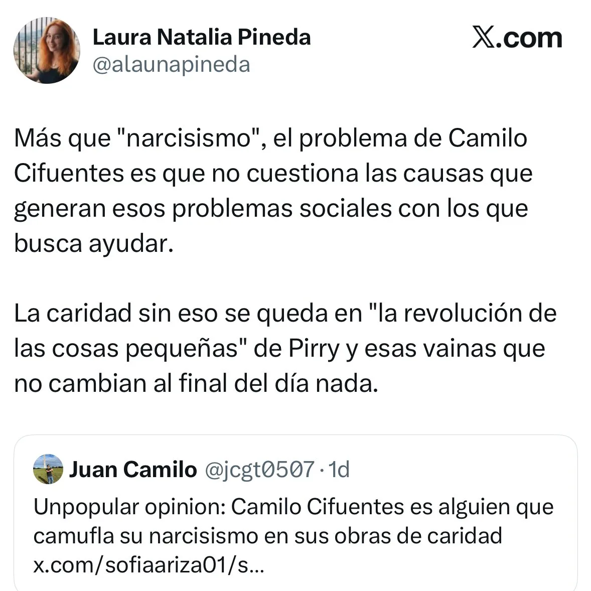 Por esta razón le dan palo Camilo Cifuentes, el influencer que ayuda a los necesitados 2 Por esta razón le dan palo Camilo Cifuentes, el influencer que ayuda a los necesitados Algunos usuarios de X cuestionaron la labor del influenciador Camilo Cifuentes, quien ayuda a vendedores ambulantes sin mostrar su rostro. Lo acusan de "narcisista". ¿Cuál es el origen de la controversia?