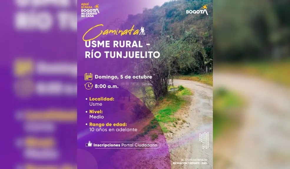 ¿Le gustan las caminatas naturales? Este domingo habrá una en Usme: prográmese 1 ¿Le gustan las caminatas naturales? Este domingo habrá una en Usme: prográmese Este domingo 5 de octubre, Bogotá se pone en modo naturaleza: una caminata ecológica en Usme que invita a respirar aire puro, ejercitarse y redescubrir la belleza del sur de la ciudad. Le contamos cómo participar.
