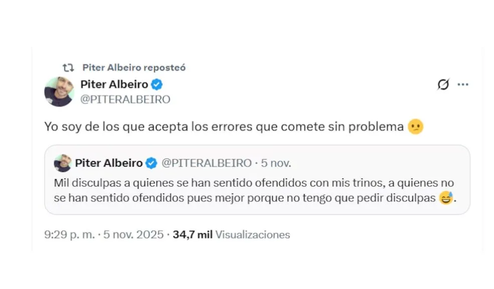 Piter Albeiro se disculpó tras su publicación de "destripar a la izquierda" 2 Piter Albeiro se disculpó tras su publicación de "destripar a la izquierda" El comediante Alejandro Leiva, conocido como 'Piter Albeiro', emitió unas disculpas públicas tras la polémica generada por un comentario en redes sociales.