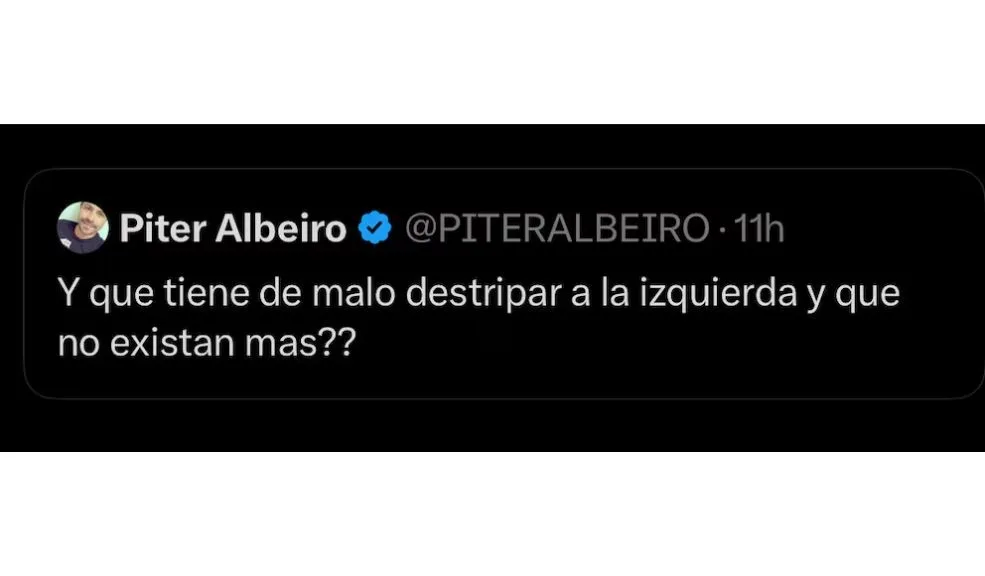 Piter Albeiro se disculpó tras su publicación de "destripar a la izquierda" 1 Piter Albeiro se disculpó tras su publicación de "destripar a la izquierda" El comediante Alejandro Leiva, conocido como 'Piter Albeiro', emitió unas disculpas públicas tras la polémica generada por un comentario en redes sociales.