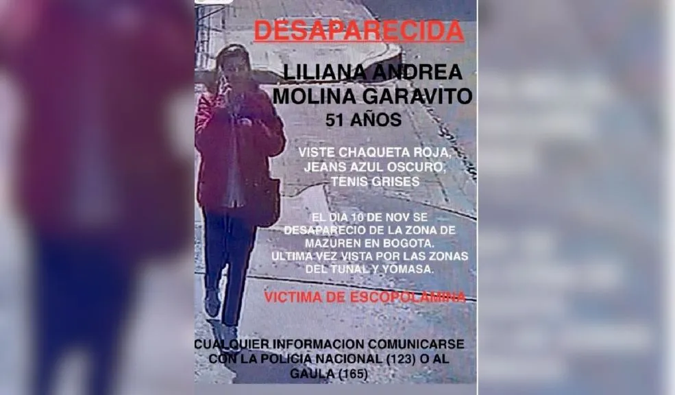 Misterio en Suba: Liliana desapareció en Mazurén y su cuerpo apareció en Tunja 1 Misterio en Suba: Liliana desapareció en Mazurén y su cuerpo apareció en Tunja Una profunda consternación ha generado en Bogotá el extraño fallecimiento de Liliana Andrea Molina Garavito, una fonoaudióloga de 51 años que había sido reportada como desaparecida el pasado 10 de noviembre. La profesional salió de su vivienda en el barrio Mazurén (Suba) en horas de la mañana y desde entonces no se volvió a saber de ella.
