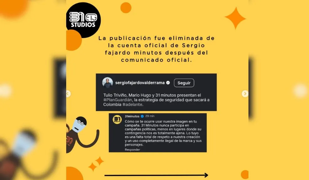 '31 Minutos' le pidió a Sergio Fajardo no usar su imagen en campaña presidencial 2 '31 Minutos' le pidió a Sergio Fajardo no usar su imagen en campaña presidencial "Funa" del programa chileno '31 minutos' a Sergio Fajardo por usar su imagen indebidamente en su campaña política. El acto del aspirante a la presidencia fue catalogado como una falta de respeto “y un uso completamente ilegal de la marca y sus personajes”.