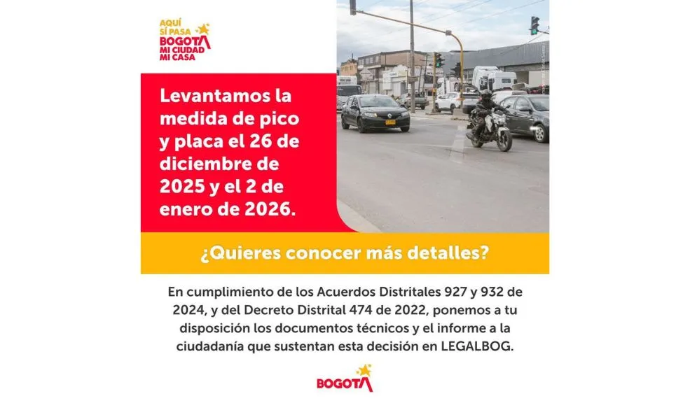 Bogotá suspende el pico y placa después de Navidad y Año Nuevo 2 Bogotá suspende el pico y placa después de Navidad y Año Nuevo El Distrito anunció la suspensión temporal del pico y placa después de las festividades de Navidad y Año Nuevo, con el objetivo de facilitar la movilidad de quienes entran y salen de la ciudad.