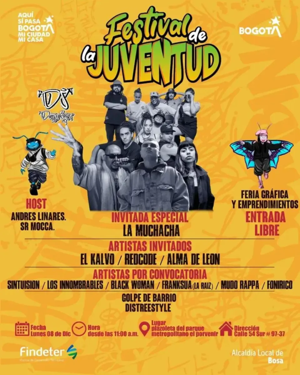 Bosa: no se pierda el 'Festival de la Juventud' en El Porvenir 1 Bosa: no se pierda el 'Festival de la Juventud' en El Porvenir Si estaba en búsqueda de un plan para el 8 de diciembre, aproveche el 'Festival de la Juventud', que se llevará a cabo en el barrio El Porvenir, localidad de Bosa. Allí podrá vivir una jornada llena de cultura, arte y música con artistas invitados como 'La Muchacha', 'El Kalvo', 'Alma de León' y muchos más.