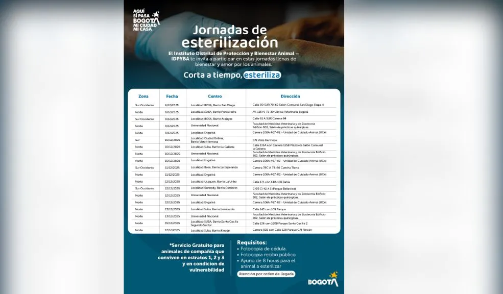 Habilitan 7.000 esterilizaciones gratis en diciembre sin cita previa Bogotá puso en marcha 7.000 esterilizaciones gratuitas para perros y gatos en diciembre, sin necesidad de agendar y con atención por orden de llegada en puntos fijos y unidades móviles en distintas localidades. Conozca los detalles.