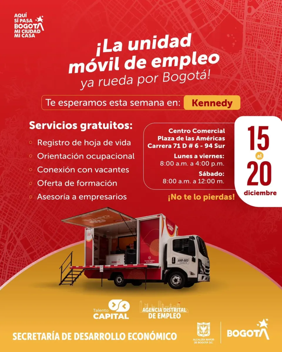 Habitantes de Kennedy, alístense para finalizar el año con empleo Si está buscando trabajo o quiere cerrar el año con una nueva oportunidad laboral, preste atención a esta información. La Unidad Móvil de Empleo llega a la localidad de Kennedy para que pueda acceder a más de 100 oportunidades y asesorías totalmente gratuitas.