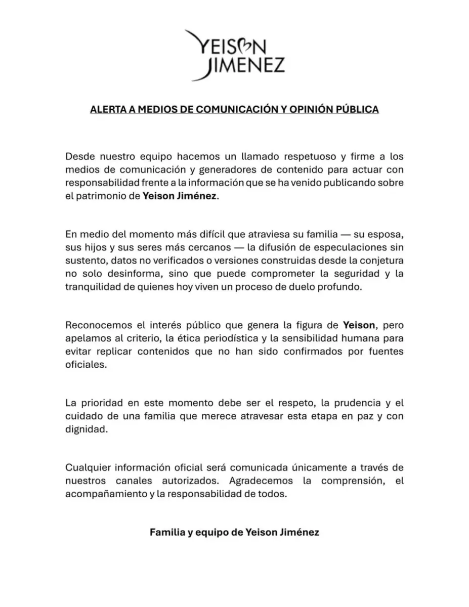 Familia de Yeison Jiménez pide prudencia frente a versiones sobre su patrimonio Ante la proliferación de cifras sobre la supuesta fortuna del artista, sus familiares y equipo de trabajo emitieron un llamado a la prudencia.