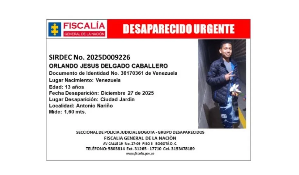 Familia pide ayuda para ubicar a Orlando Jesús, menor de 13 años desaparecido en Antonio Nariño La incertidumbre invade a una madre en el sur de Bogotá tras la extraña desaparición de su hijo de 13 años, Orlando Jesús Delgado Caballero.