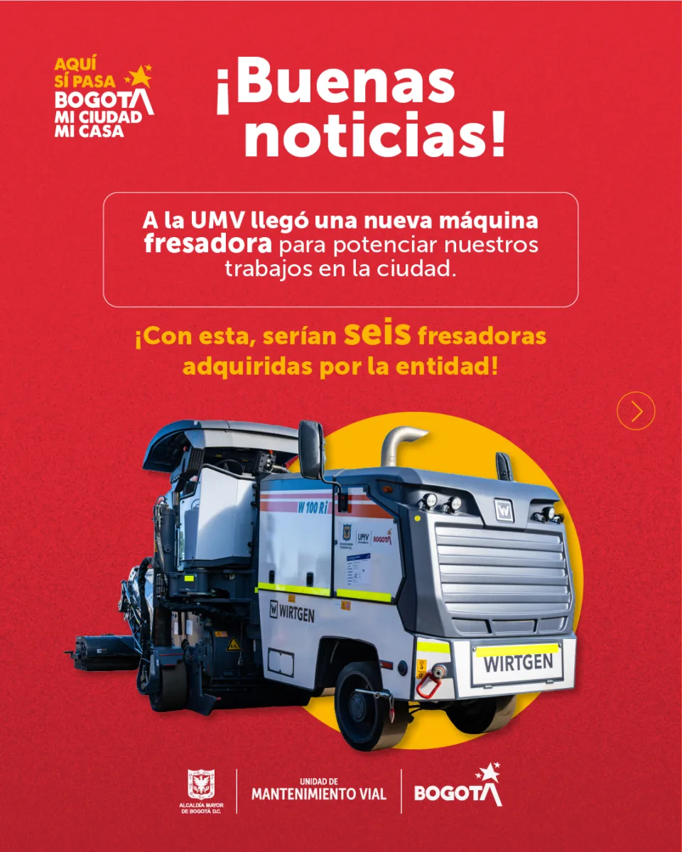 Nueva máquina alemana permitirá agilizar obras y el mantenimiento vial en Bogotá Una nueva fresadora alemana se suma al mantenimiento vial en Bogotá para agilizar las obras y optimizar la intervención de las vías de la ciudad. Le contamos cómo opera.