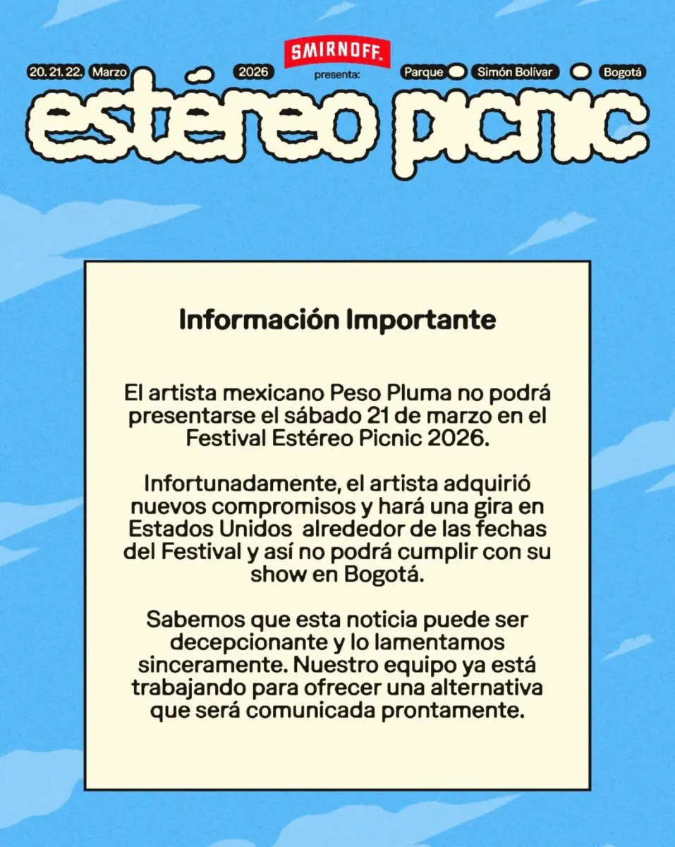 Peso Pluma canceló su participación en el Festival Estéreo Picnic. Esta es la razón La organización del Festival Estéreo Picnic confirmó una noticia inesperada para miles de fanáticos: el artista mexicano Peso Pluma no se presentará el próximo sábado 21 de marzo en Bogotá.