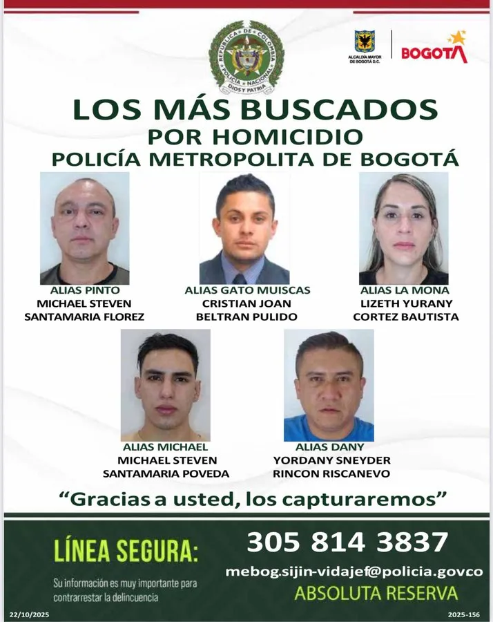 Policía difunde cartel de los más buscados en Bogotá vinculados a hurto y homicidio 2 Policía difunde cartel de los más buscados en Bogotá vinculados a hurto y homicidio La Policía de Bogotá publicó el cartel de los cinco delincuentes más buscados por su presunta participación en hurtos y homicidios en la capital. Integrarían la estructura criminal conocida como ‘Los Egolios’.
