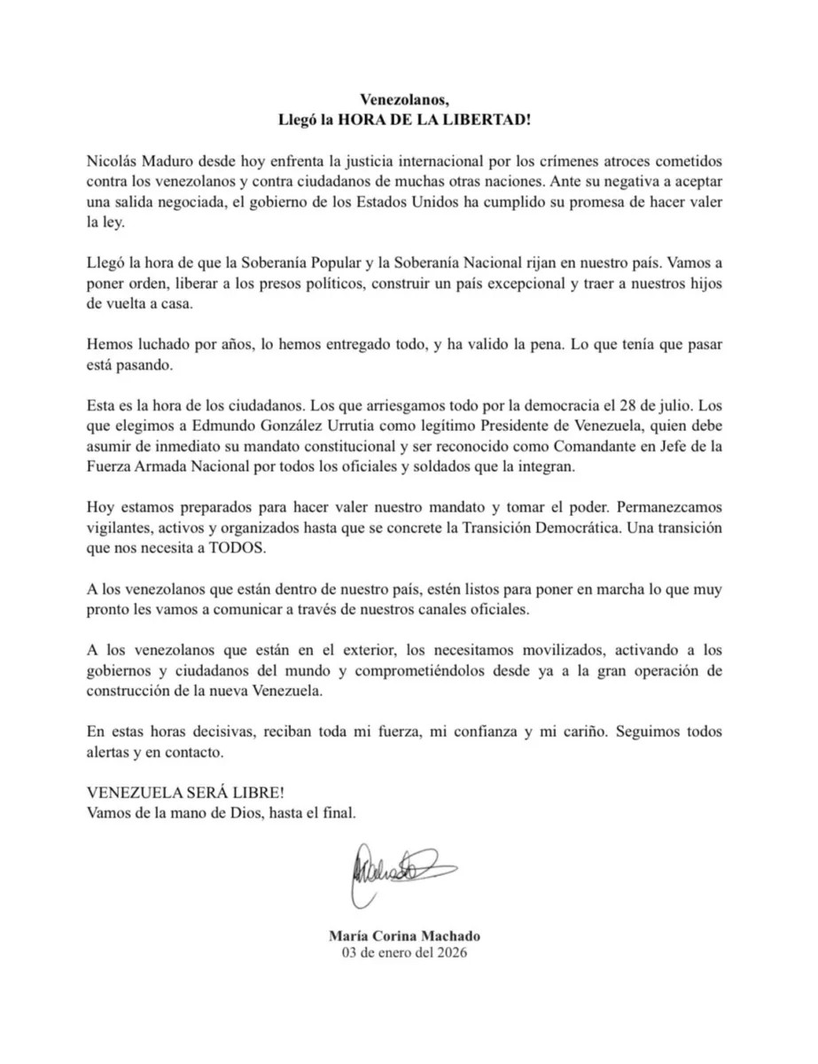 "EE. UU. ha cumplido su promesa de hacer valer la ley": María Corina Machado 3 "EE. UU. ha cumplido su promesa de hacer valer la ley": María Corina Machado Desde Oslo, la líder opositora María Corina Machado aseguró que "lo que tenía que pasar está pasando" con EE. UU. y pidió a los venezolanos dentro y fuera del país prepararse para la "gran operación de construcción de la nueva Venezuela".
