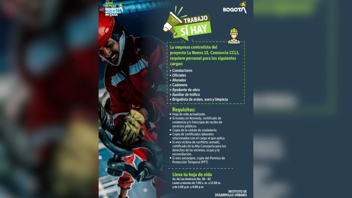 Vacantes disponibles en la obra de la nueva calle 13: conozca cómo postularse 2 Vacantes disponibles en la obra de la nueva calle 13: conozca cómo postularse ¿Buscando empleo? Acceda a vacantes de conducción, ayudante de obra, auxiliar de tráfico, brigadista de aseo, entre otros cargos, para contribuir a la construcción de la nueva calle 13.