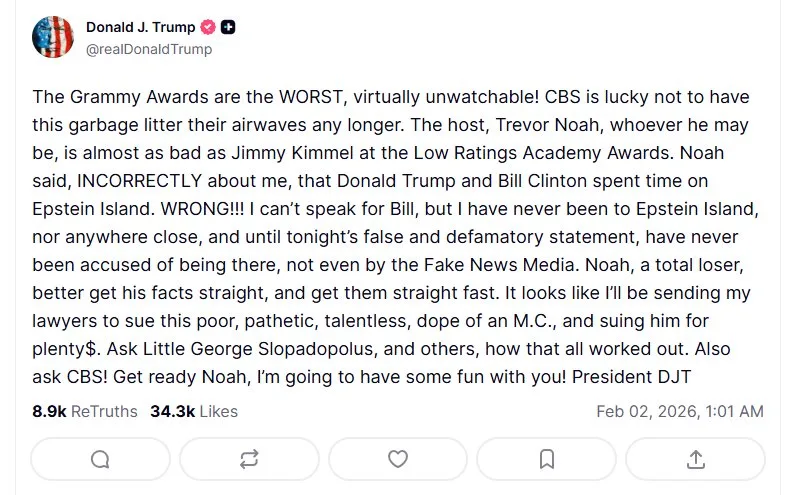 Este fue el chiste en los Grammys que dejó a Donald Trump con los pelos de punta 3 Este fue el chiste en los Grammys que dejó a Donald Trump con los pelos de punta El presentador Trevor Noah, en su última gala como anfitrión, desató la furia de Donald Trump tras lanzar un ácido comentario que vinculó al exmandatario con la isla de Jeffrey Epstein.