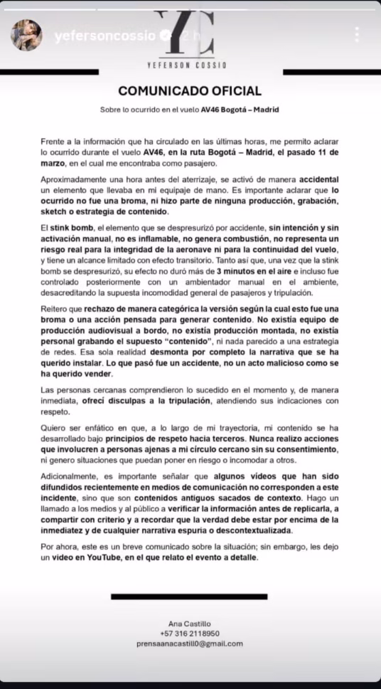 ¿Fue un accidente? Yeferson Cossio habló del incidente con Avianca Tras las críticas en las plataformas digitales, el creador de contenido Yeferson Cossio rompió el silencio sobre el polémico suceso ocurrido el pasado 11 de marzo en la ruta Bogotá-Madrid de Avianca.